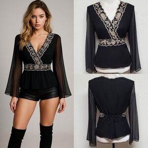 ICE 90s-Y2K Vintage Black Silk Chiffon Gold Floral Embroidered Beaded Blouse